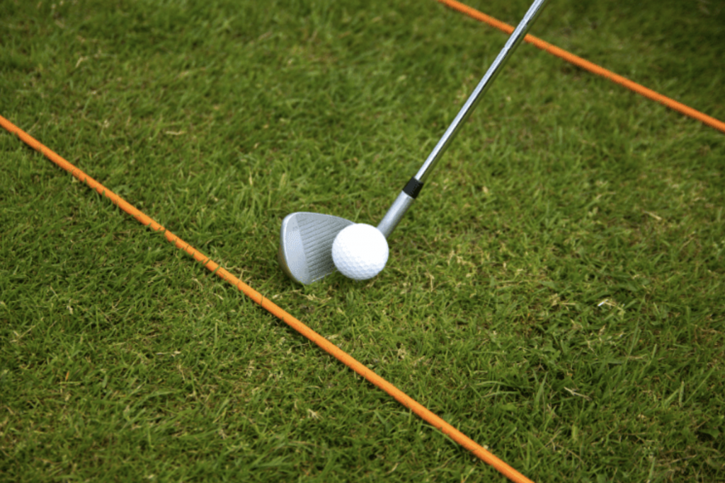 Golf alignment sticks on grass